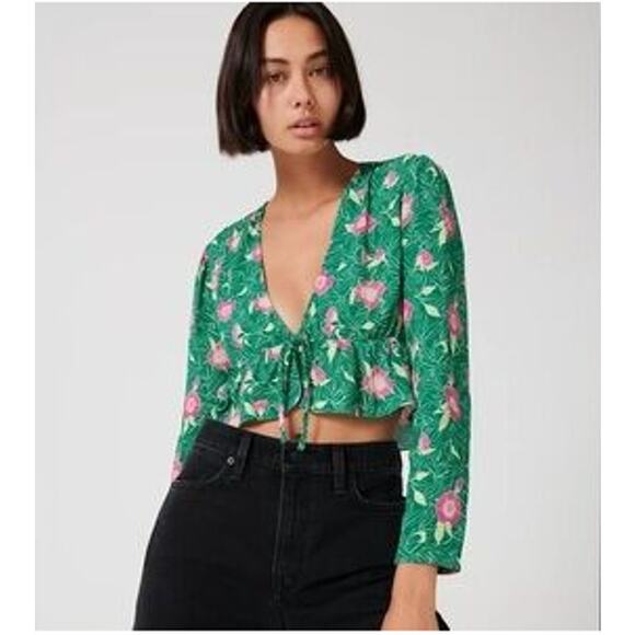 Aritzia Sunday Best Floral Print Cropped Top Green Pink Tie Front Long Sleeve M - Picture 1 of 6
